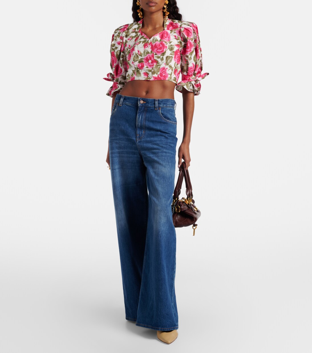 Floral cropped puff-sleeve cotton blouse | Chloé