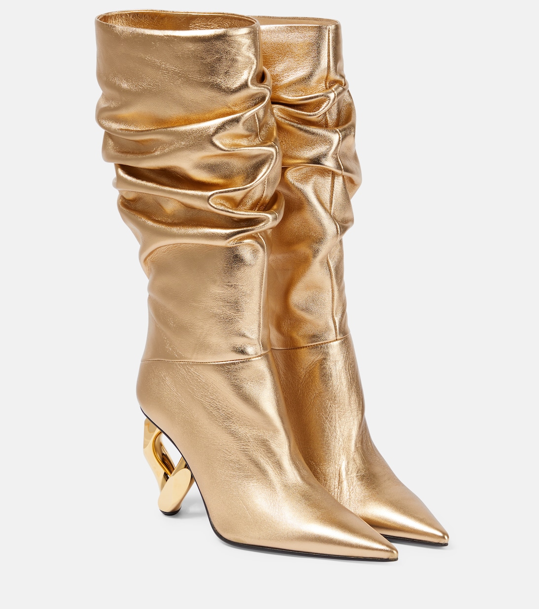 Chain leather knee high boots in gold JW Anderson Mytheresa