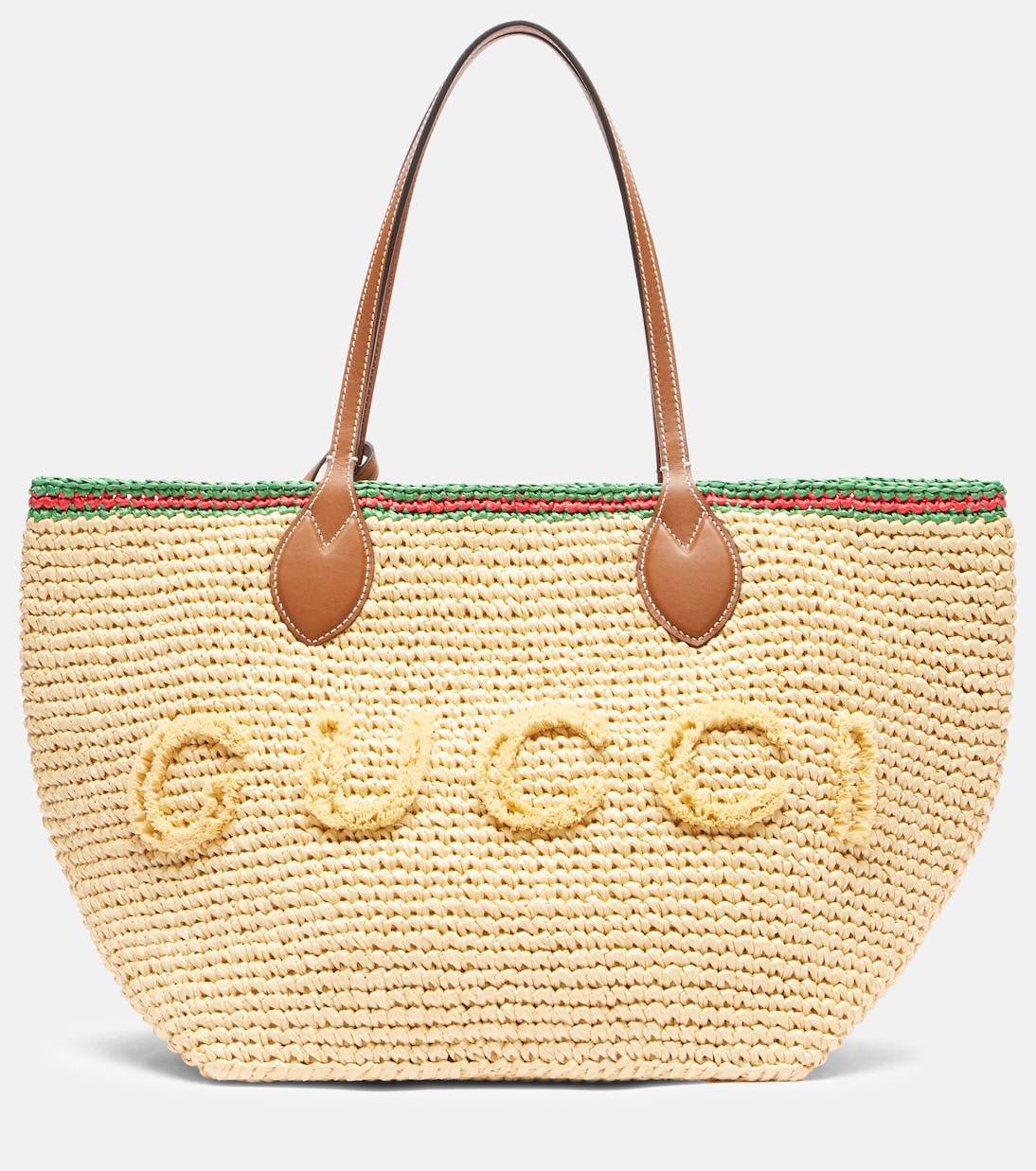 Medium leather-trimmed woven tote bag | Gucci