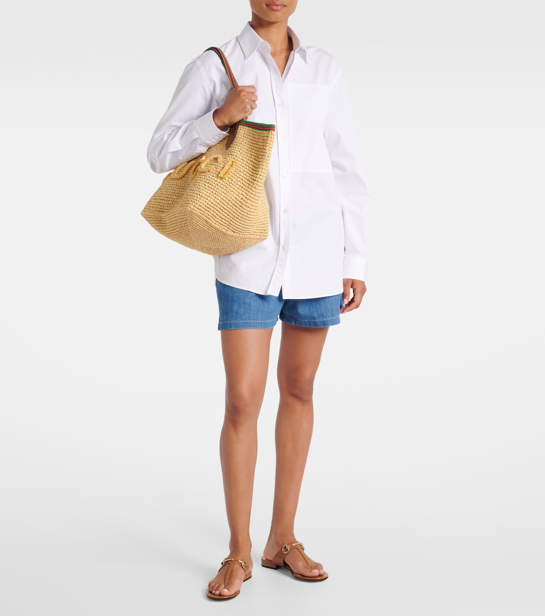 Medium leather-trimmed woven tote bag | Gucci