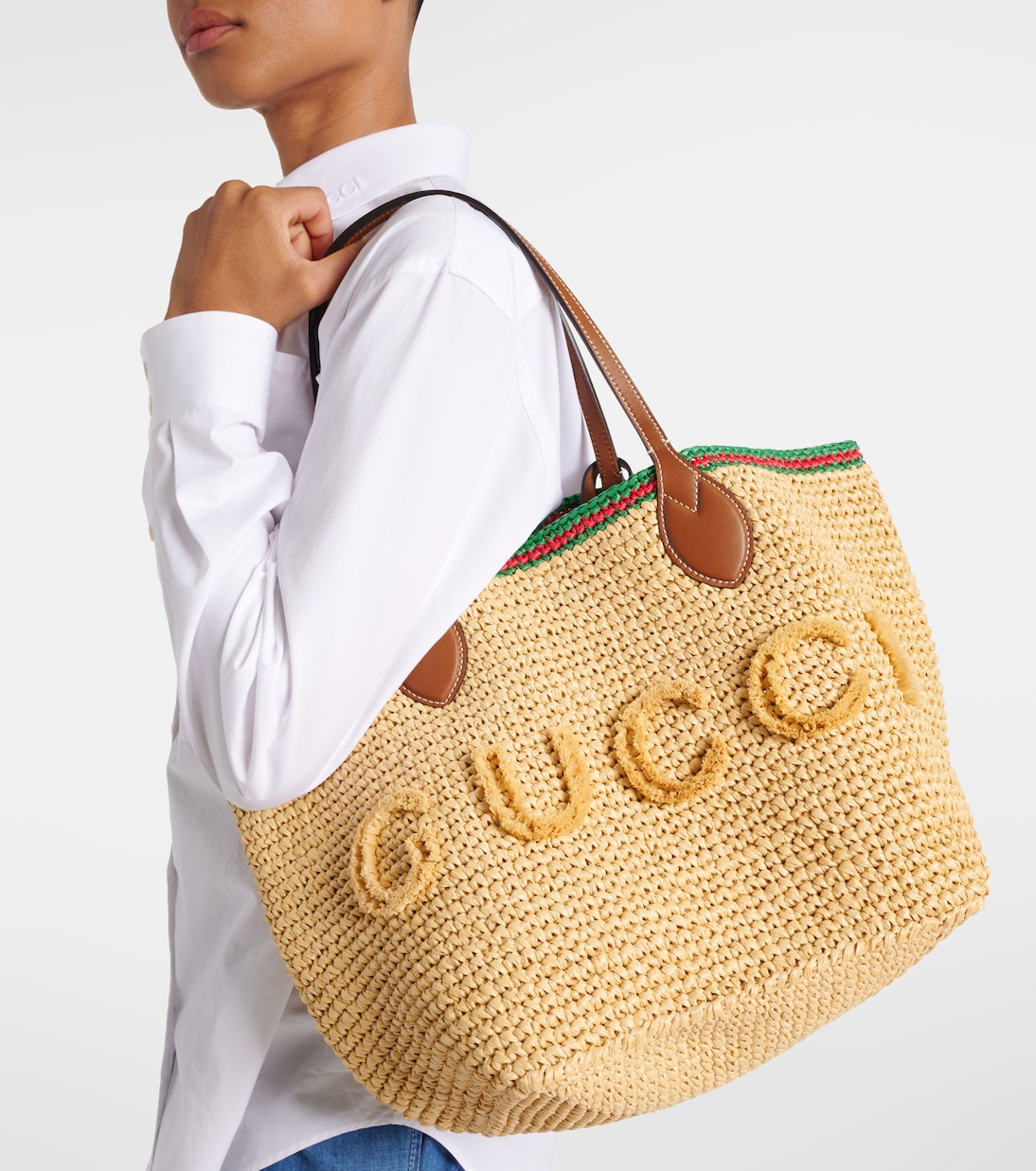 Medium leather-trimmed woven tote bag | Gucci