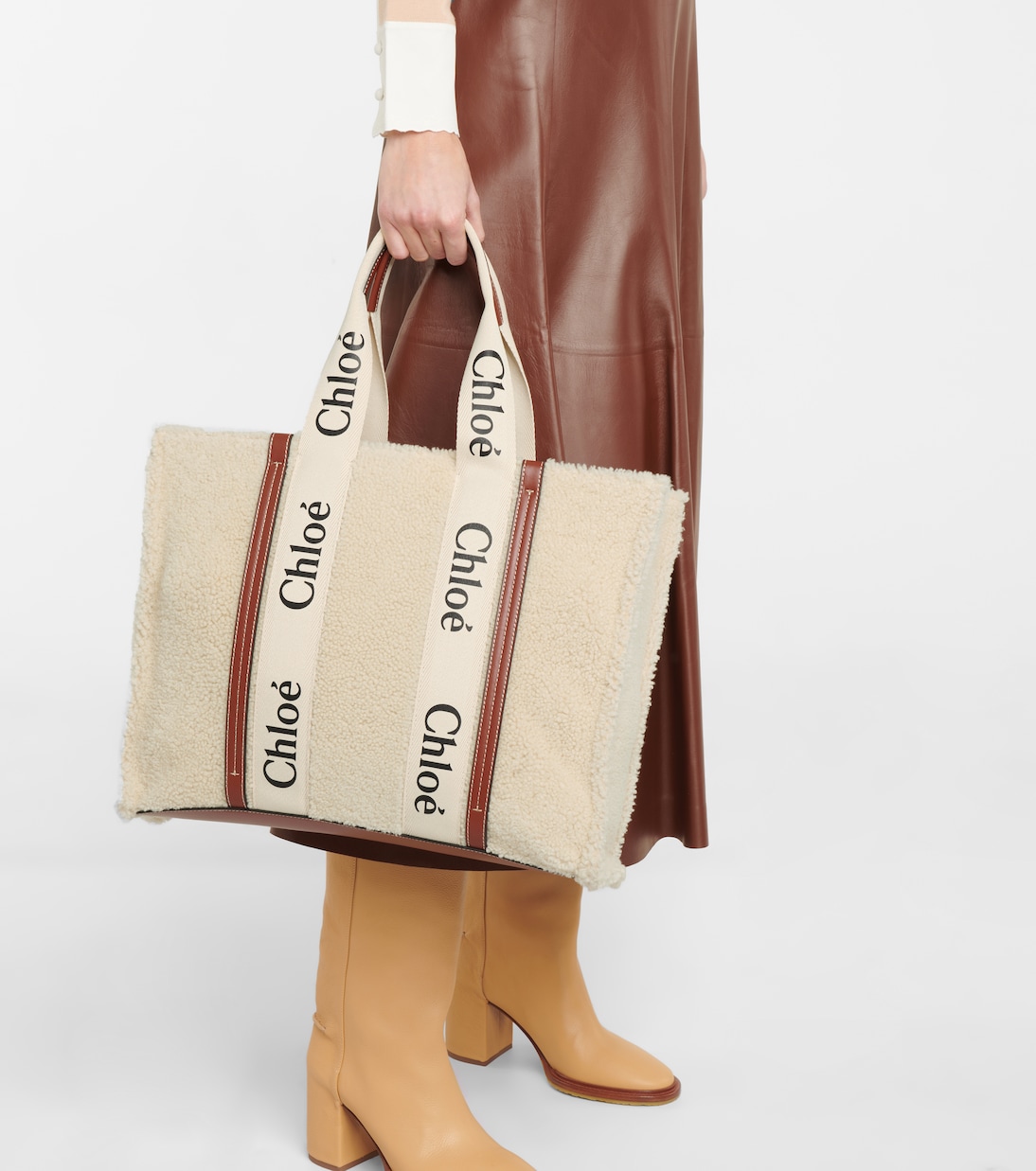 Cabas Large Woody en shearling et cuir | Chloé
