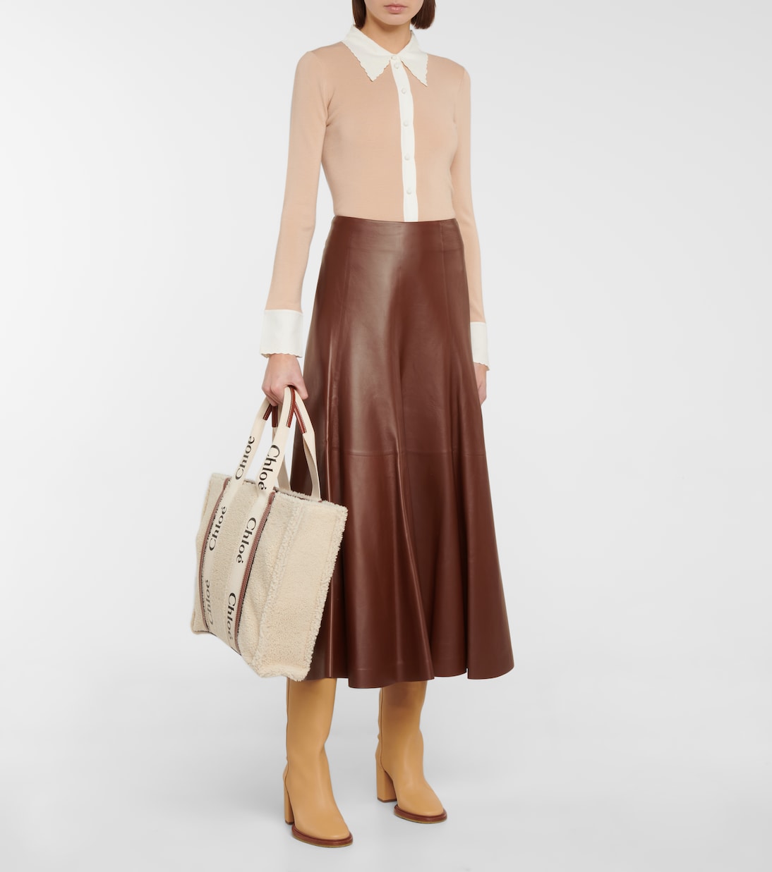Cabas Large Woody en shearling et cuir | Chloé