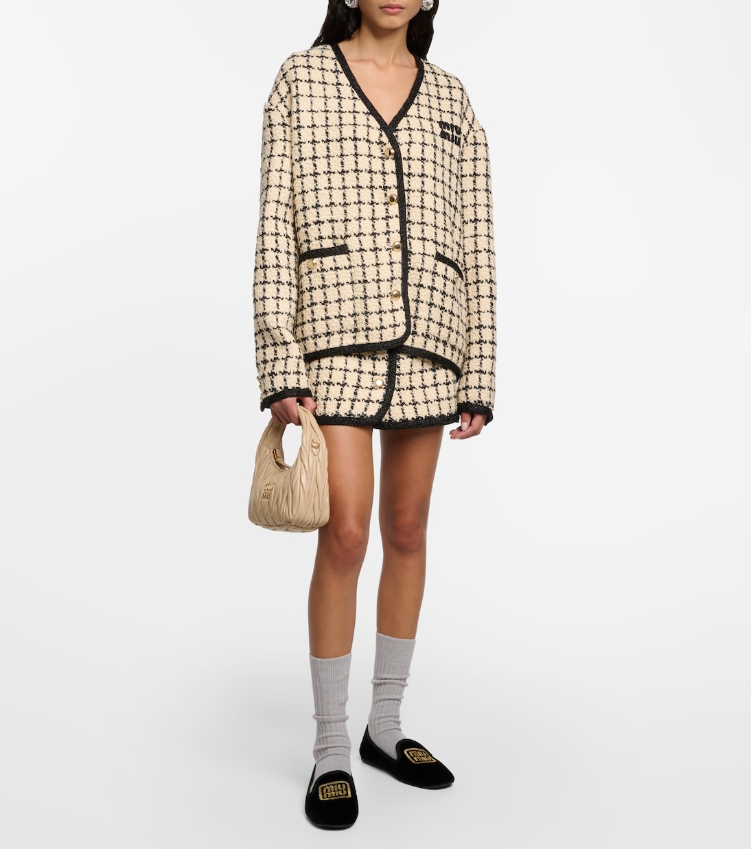 Cardigan in bouclé e lamé a quadri | Miu Miu