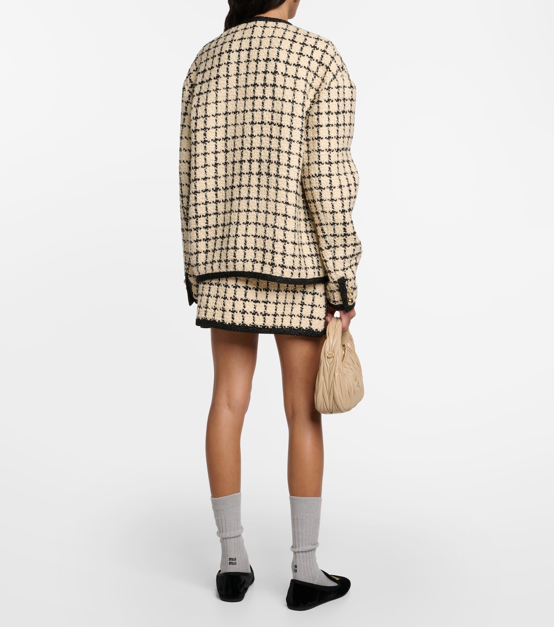 Cardigan in bouclé e lamé a quadri | Miu Miu