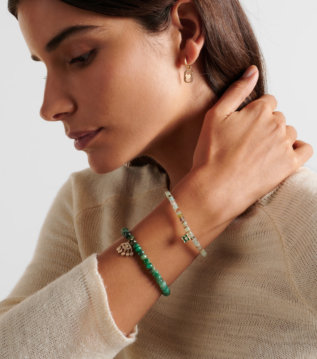 14kt gold Moroccan charm beaded bracelet with diamond | Sydney Evan