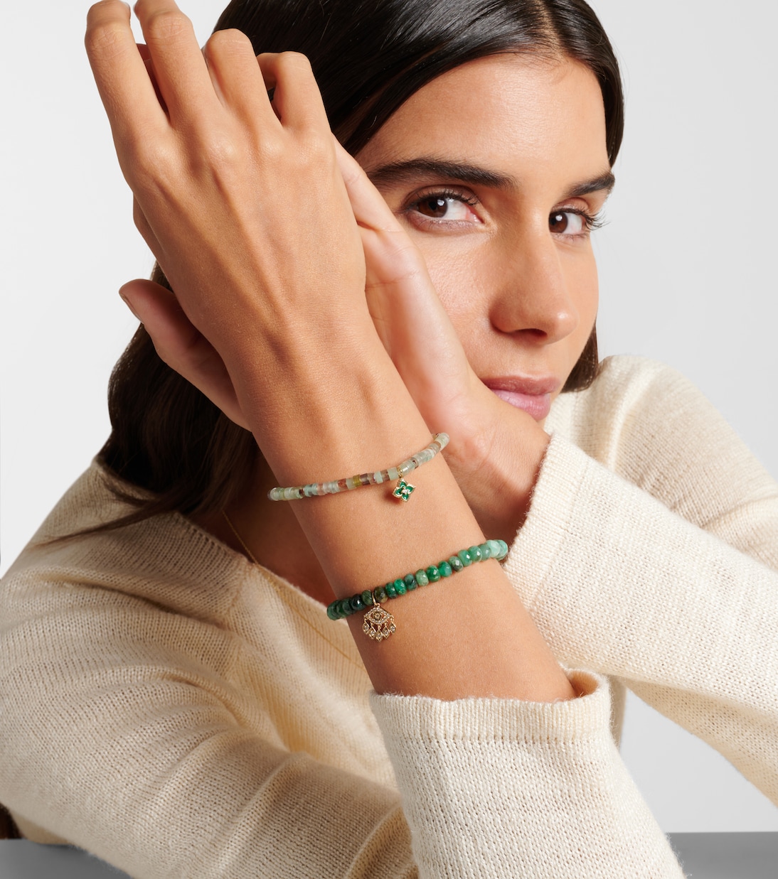 14kt gold Moroccan charm beaded bracelet with diamond | Sydney Evan
