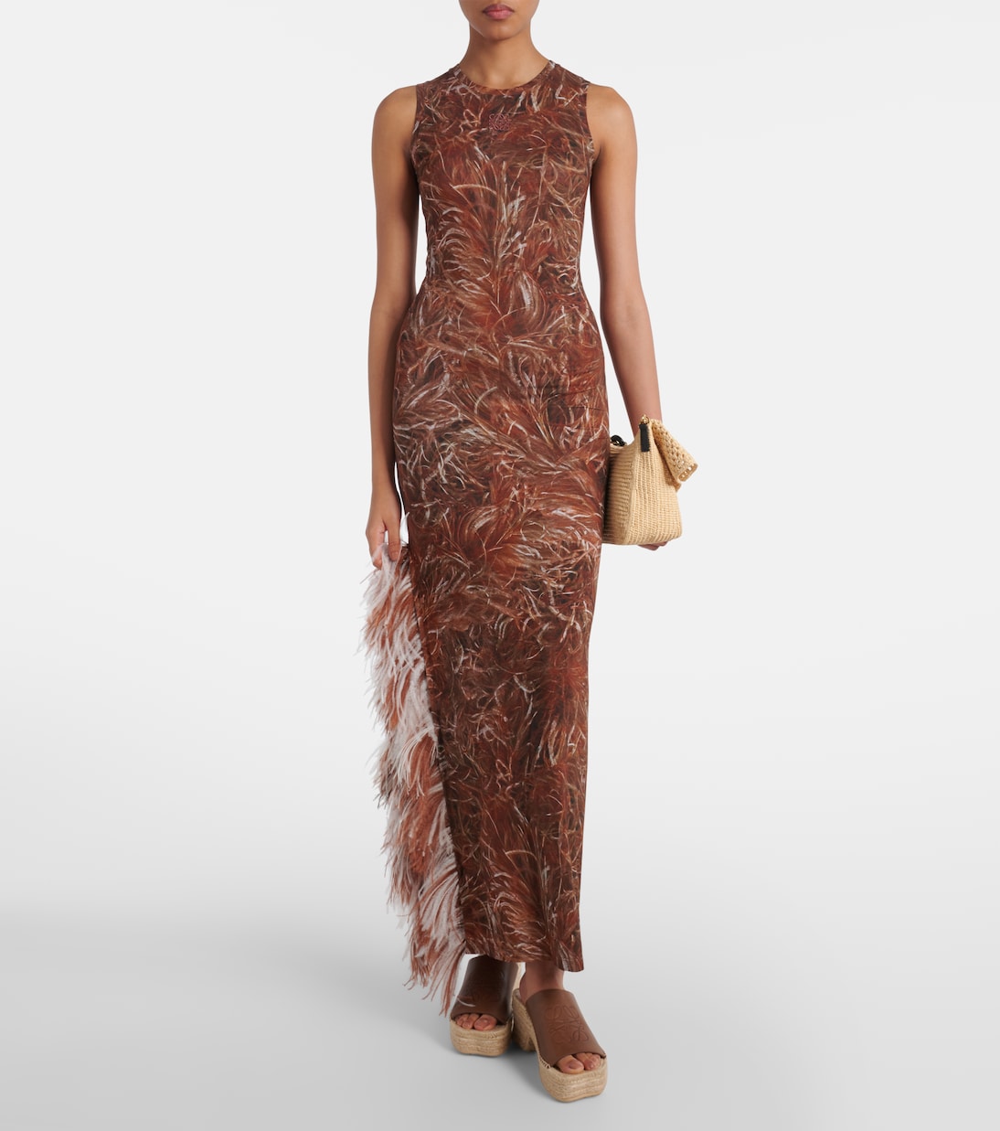 Abito lungo con stampa e piume | Loewe