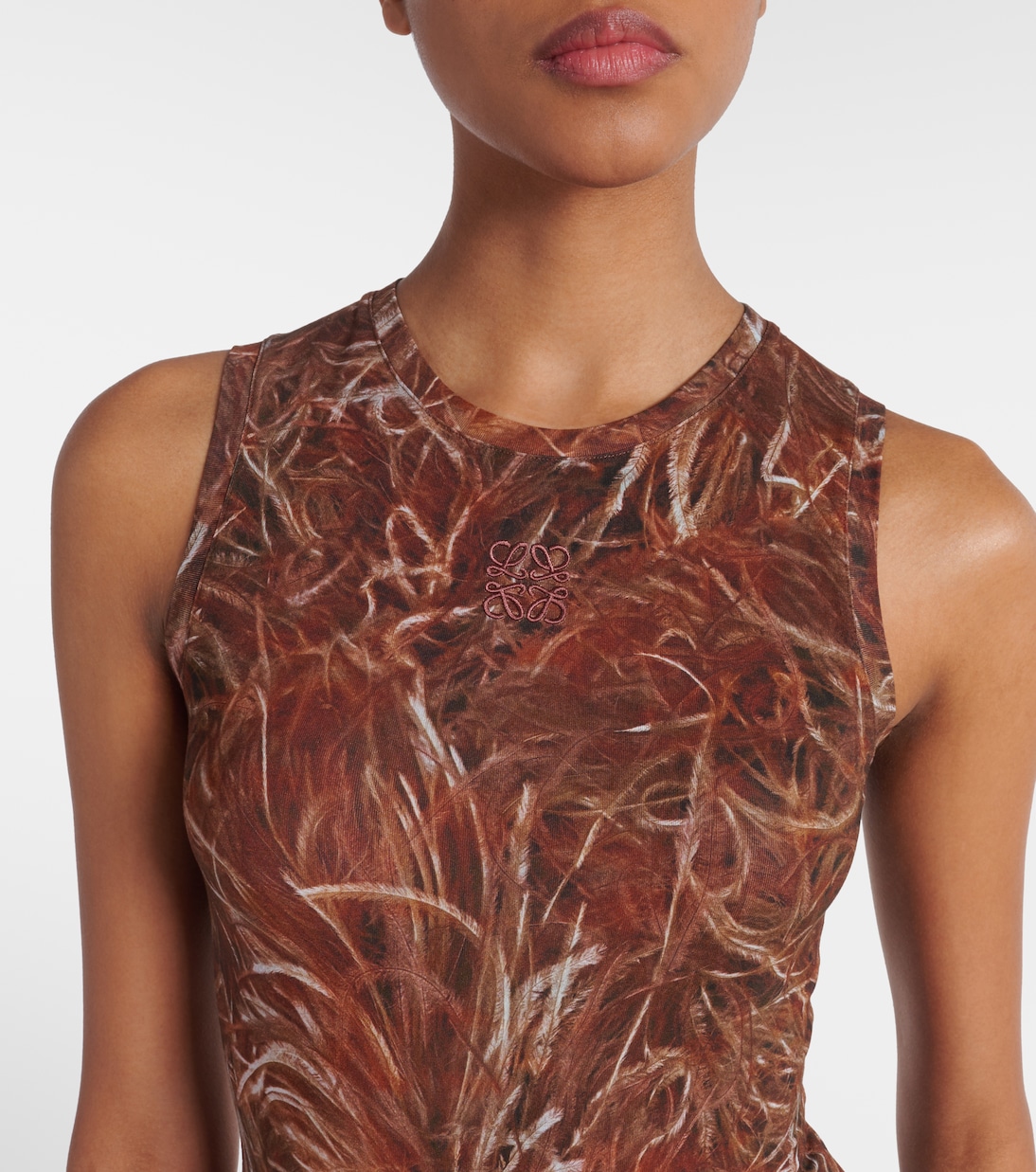 Abito lungo con stampa e piume | Loewe