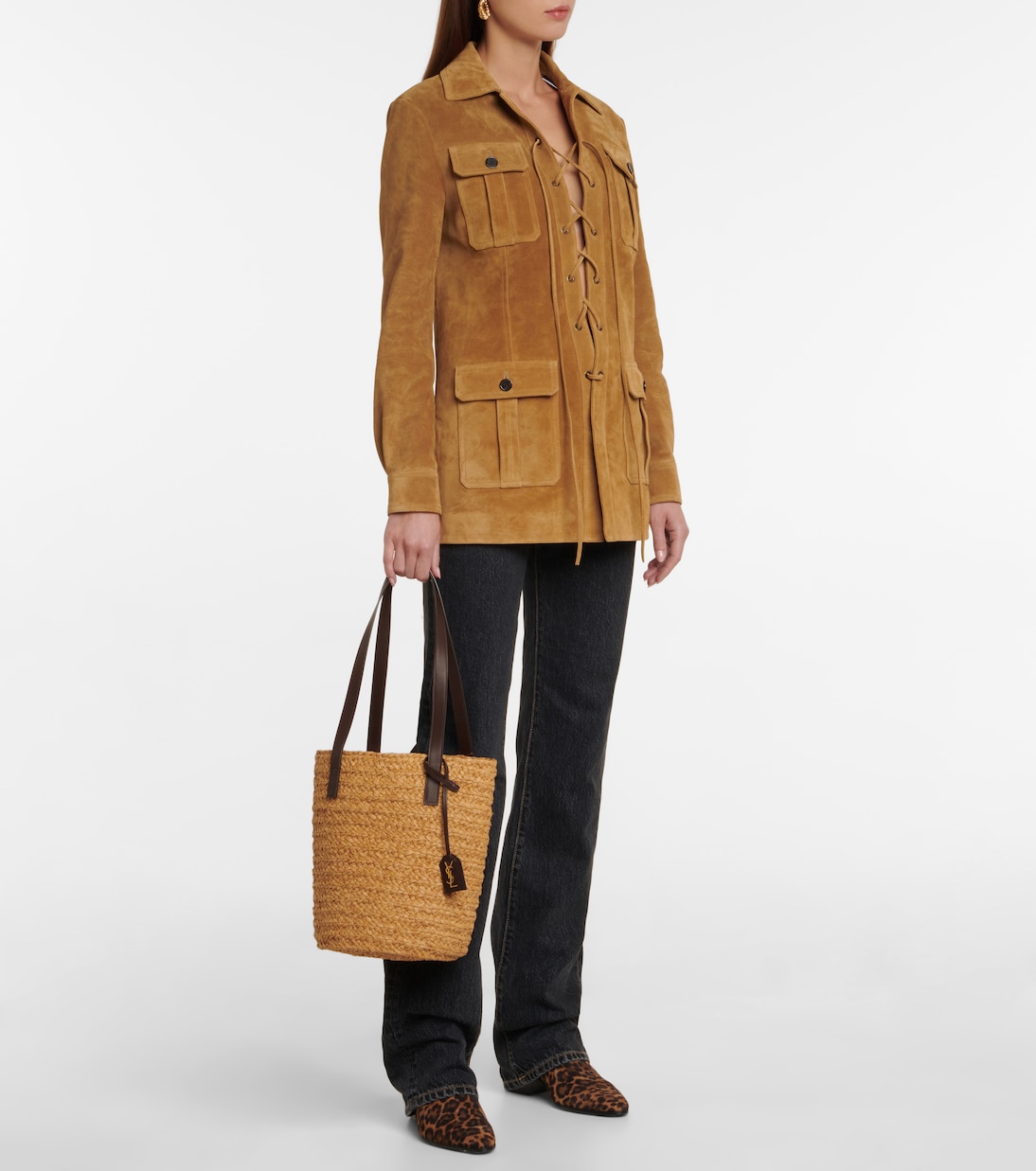 Secchiello Panier Small in rafia e pelle | Saint Laurent