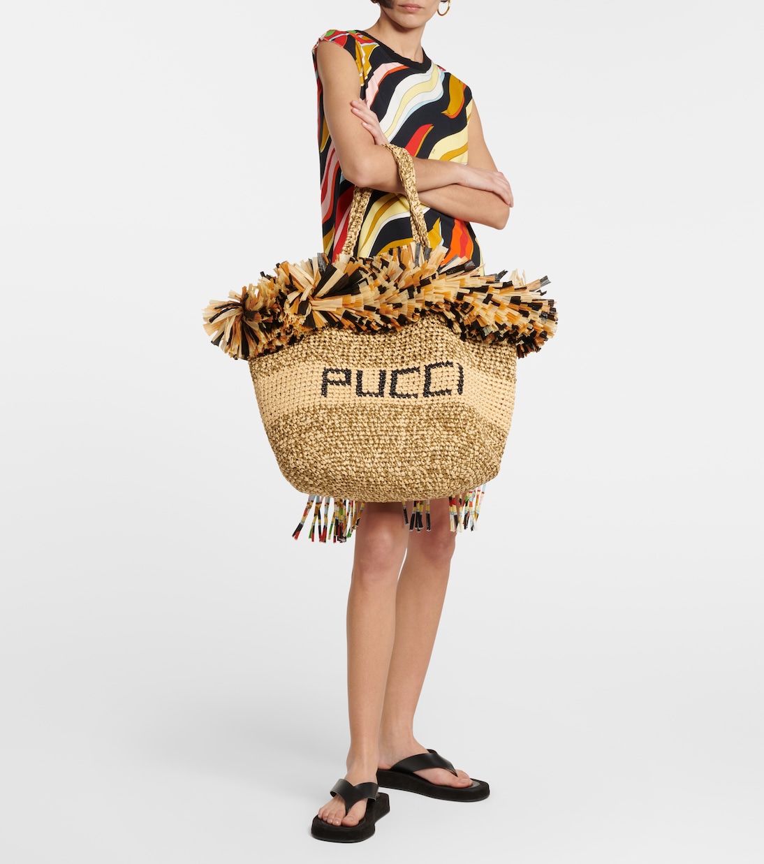 Logo fringe-trimmed raffia tote bag | Pucci