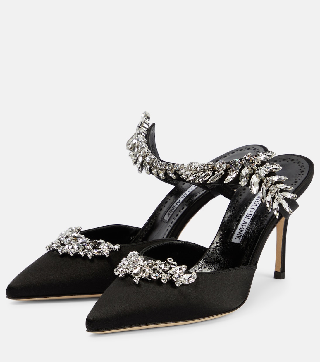 Mules Lurum 90 in raso con cristalli | Manolo Blahnik