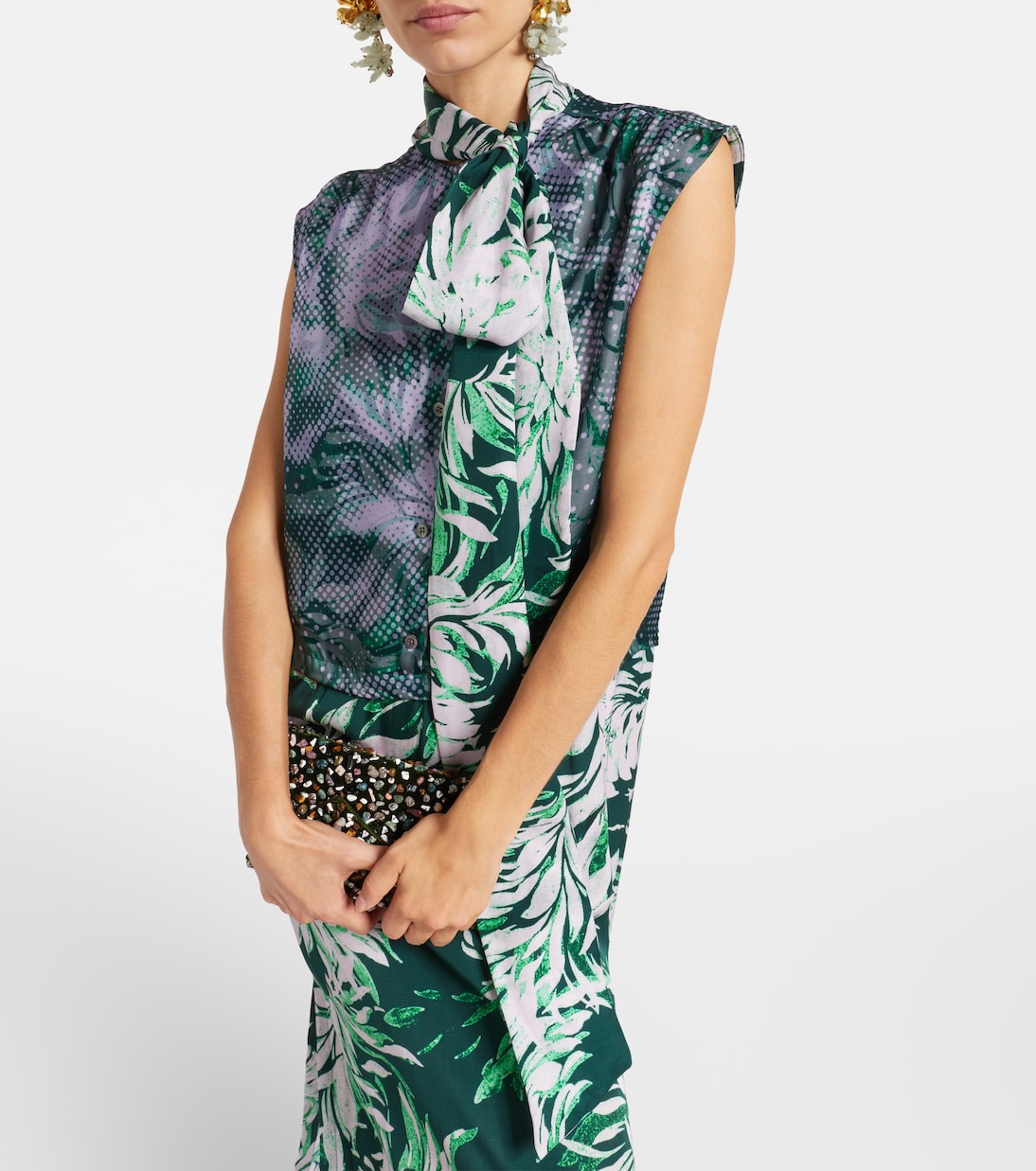 Printed tie-neck midi dress | Dries Van Noten