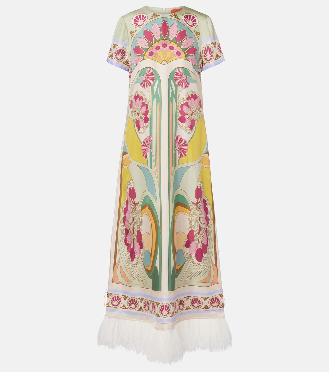 Swing feather-trimmed silk twill maxi dress | La DoubleJ