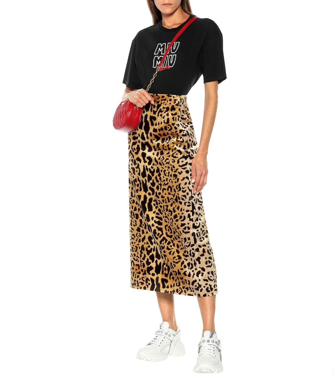 Jupe midi en velours à imprimé léopard | Miu Miu
