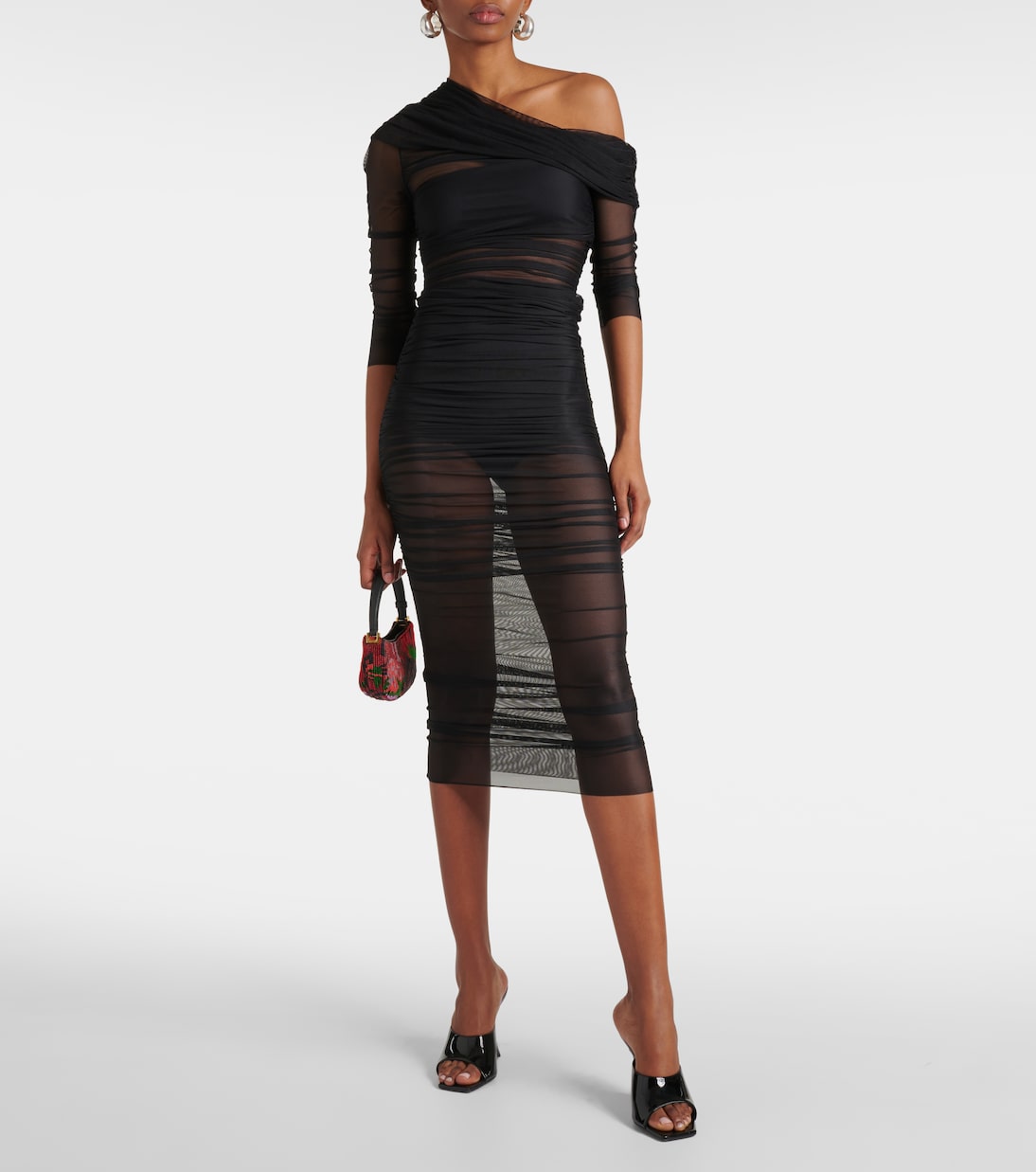 One-shoulder ruched mesh midi dress | The Sei