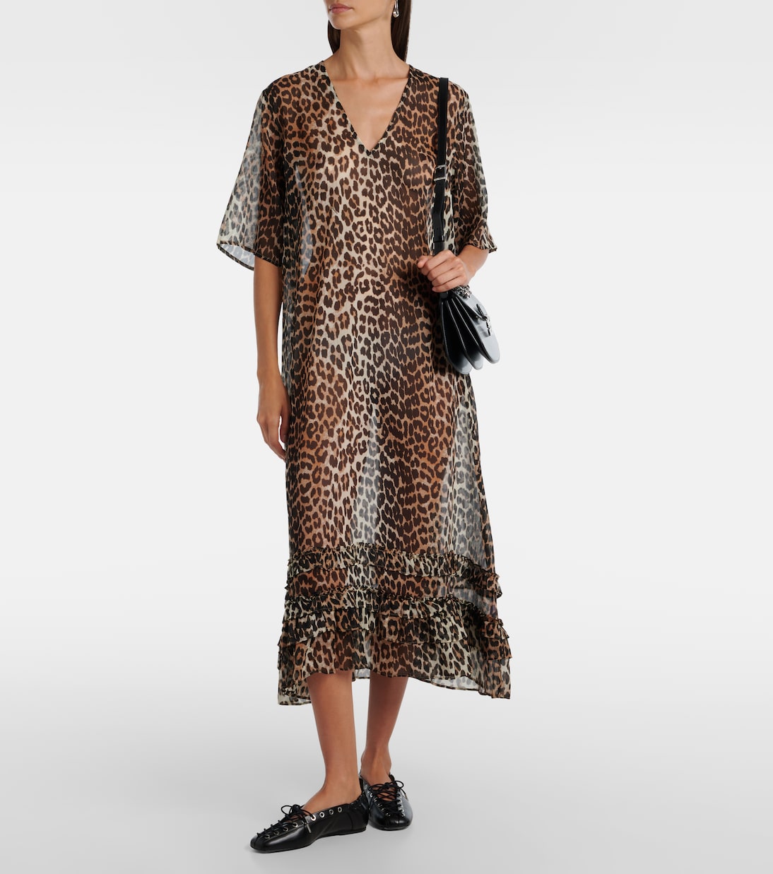 Leopard-print sheer chiffon midi dress | Ganni