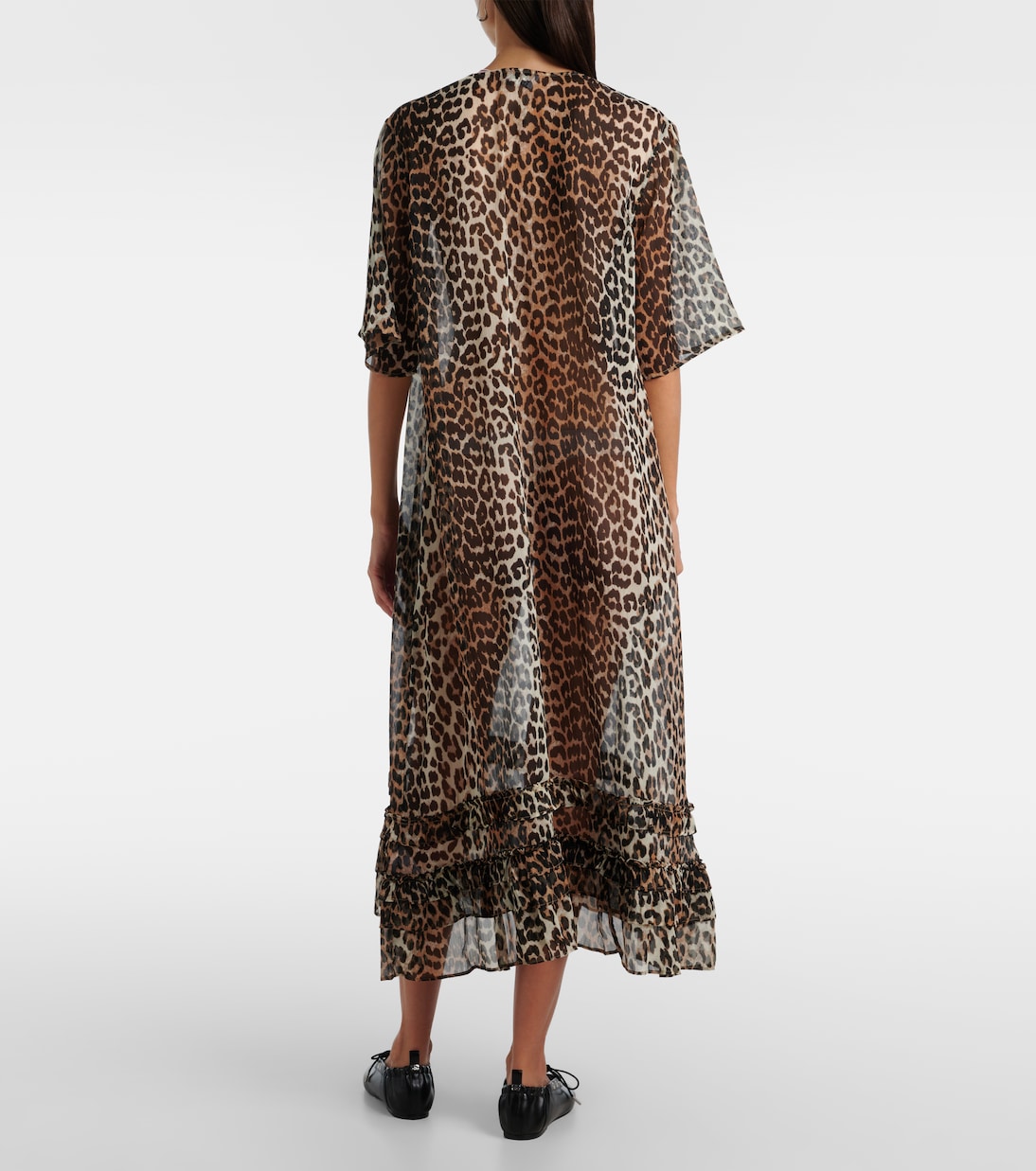 Leopard-print sheer chiffon midi dress | Ganni