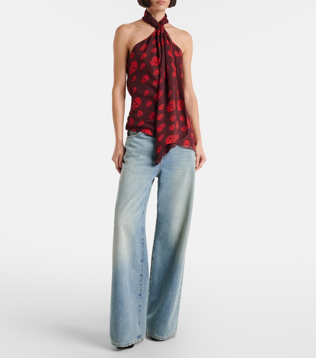 Skull scarf-detail halterneck silk top | McQueen