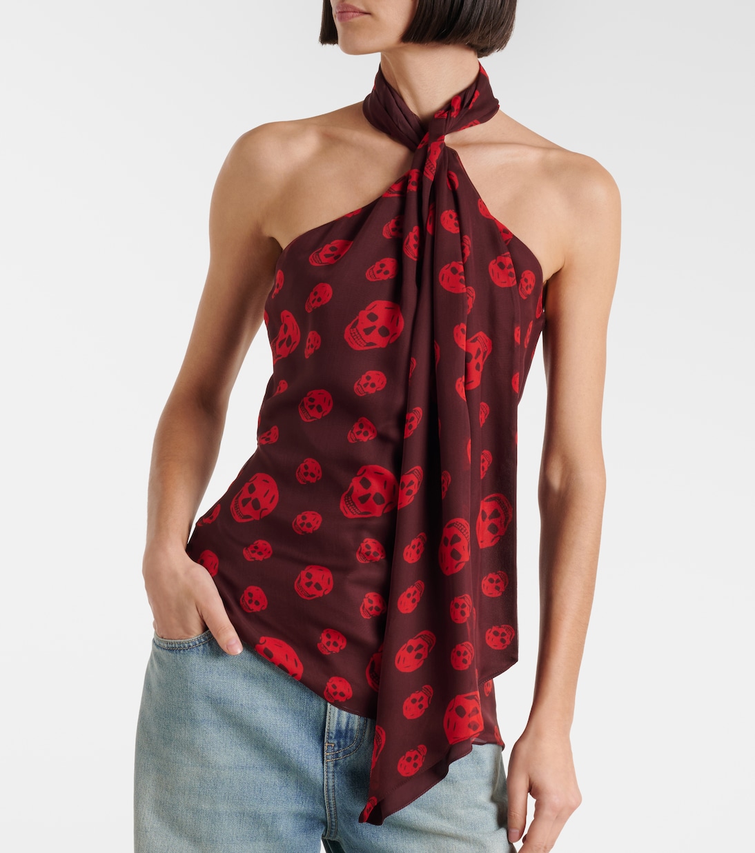 Skull scarf-detail halterneck silk top | McQueen