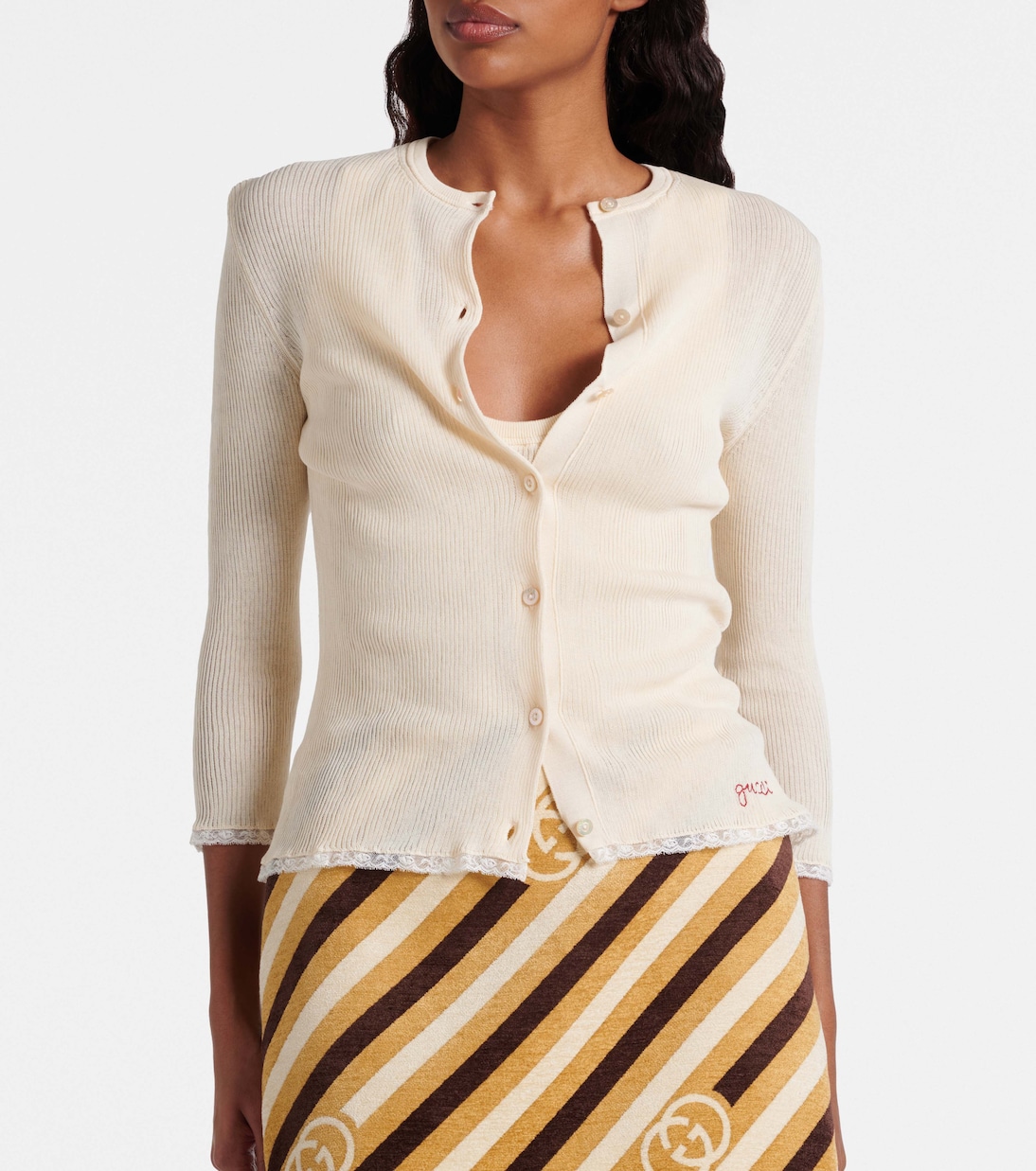 Lace-trimmed ribbed-knit cotton cardigan | Gucci