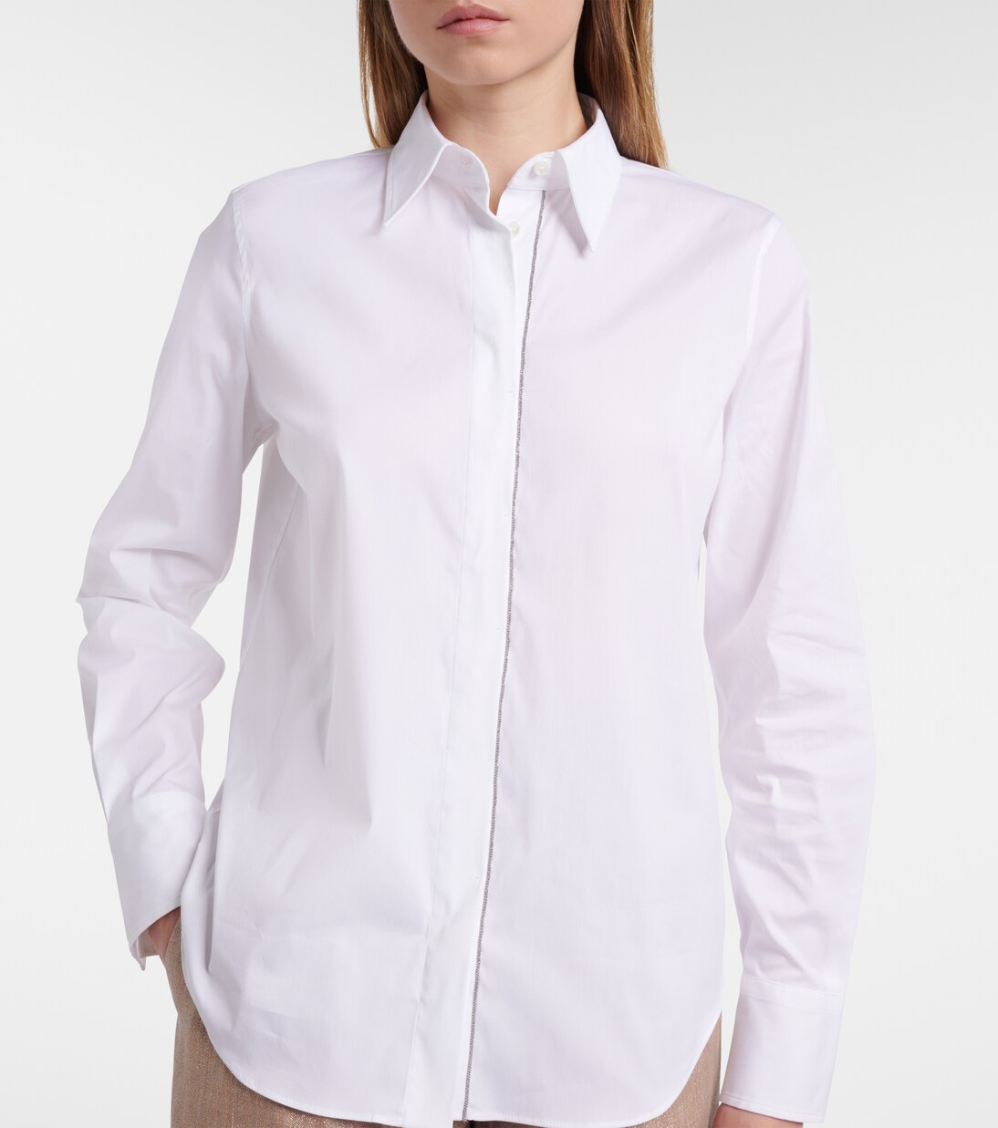 Camisa de popelín en mezcla de algodón con cuentas Monili  | Brunello Cucinelli