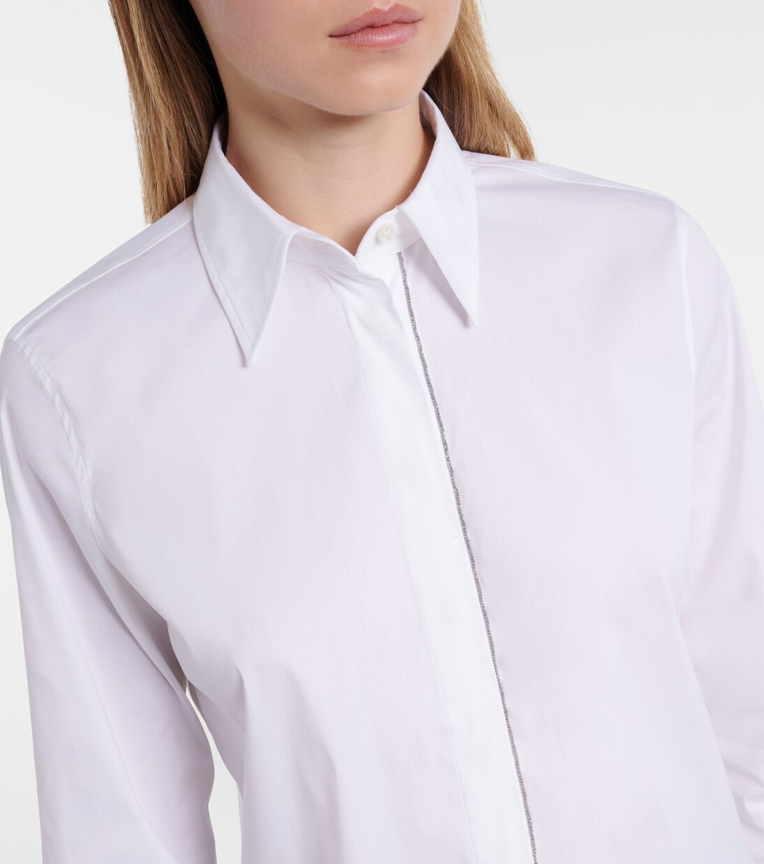 Camisa de popelín en mezcla de algodón con cuentas Monili  | Brunello Cucinelli