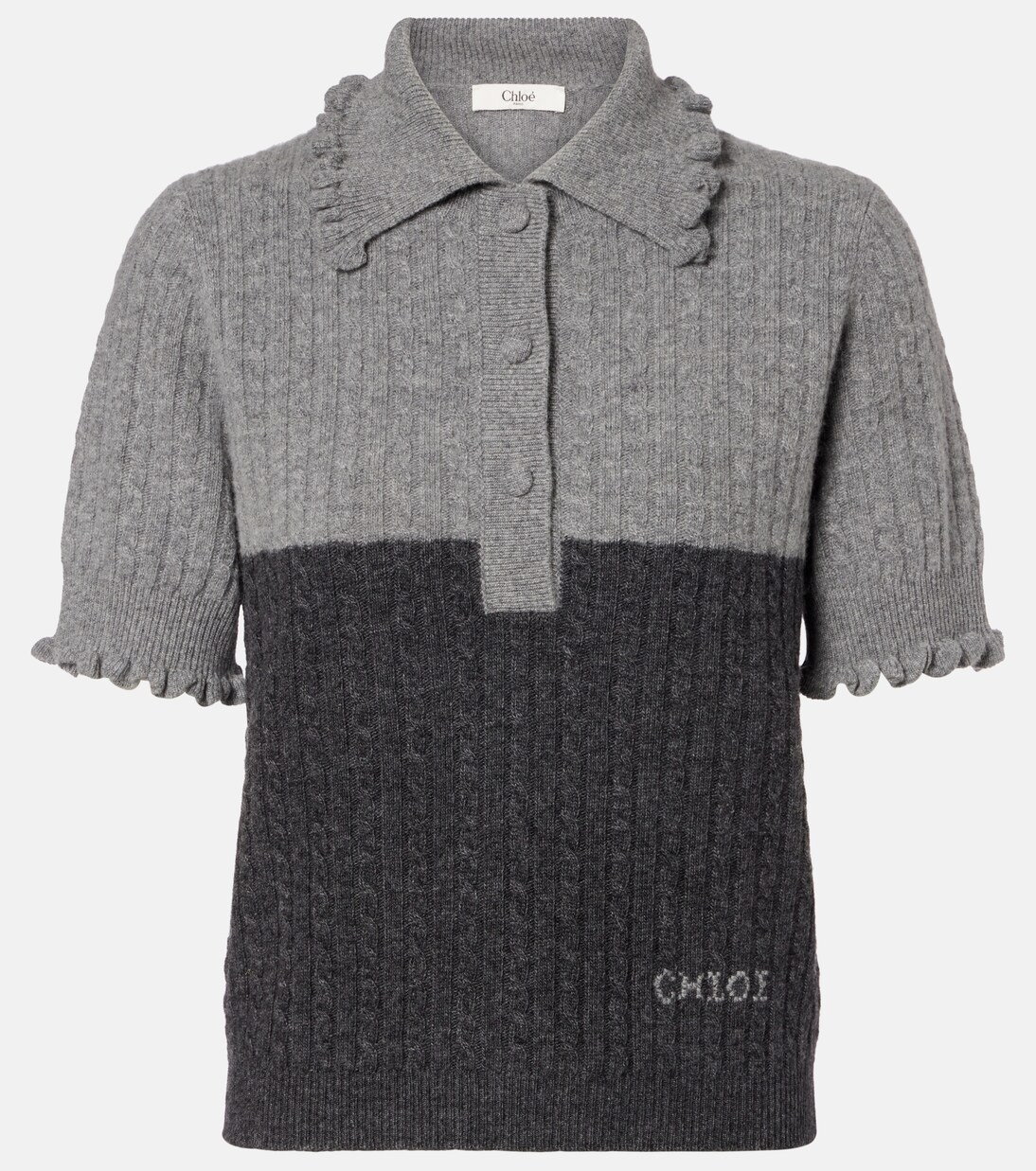 Cable-knit ruffled wool and cashmere polo shirt | Chloé