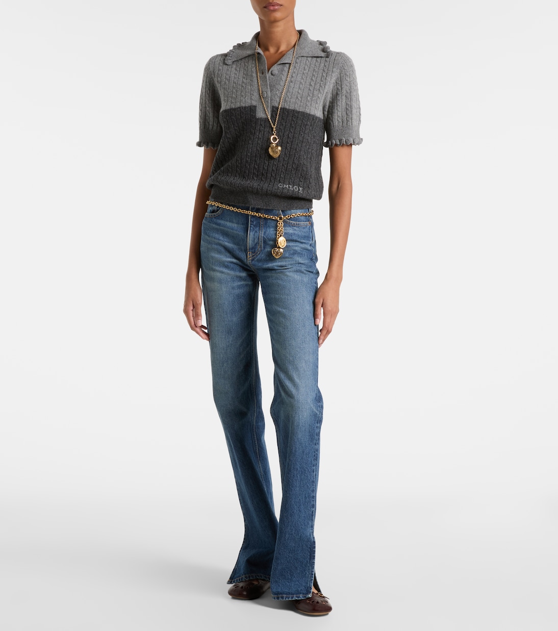 Cable-knit ruffled wool and cashmere polo shirt | Chloé
