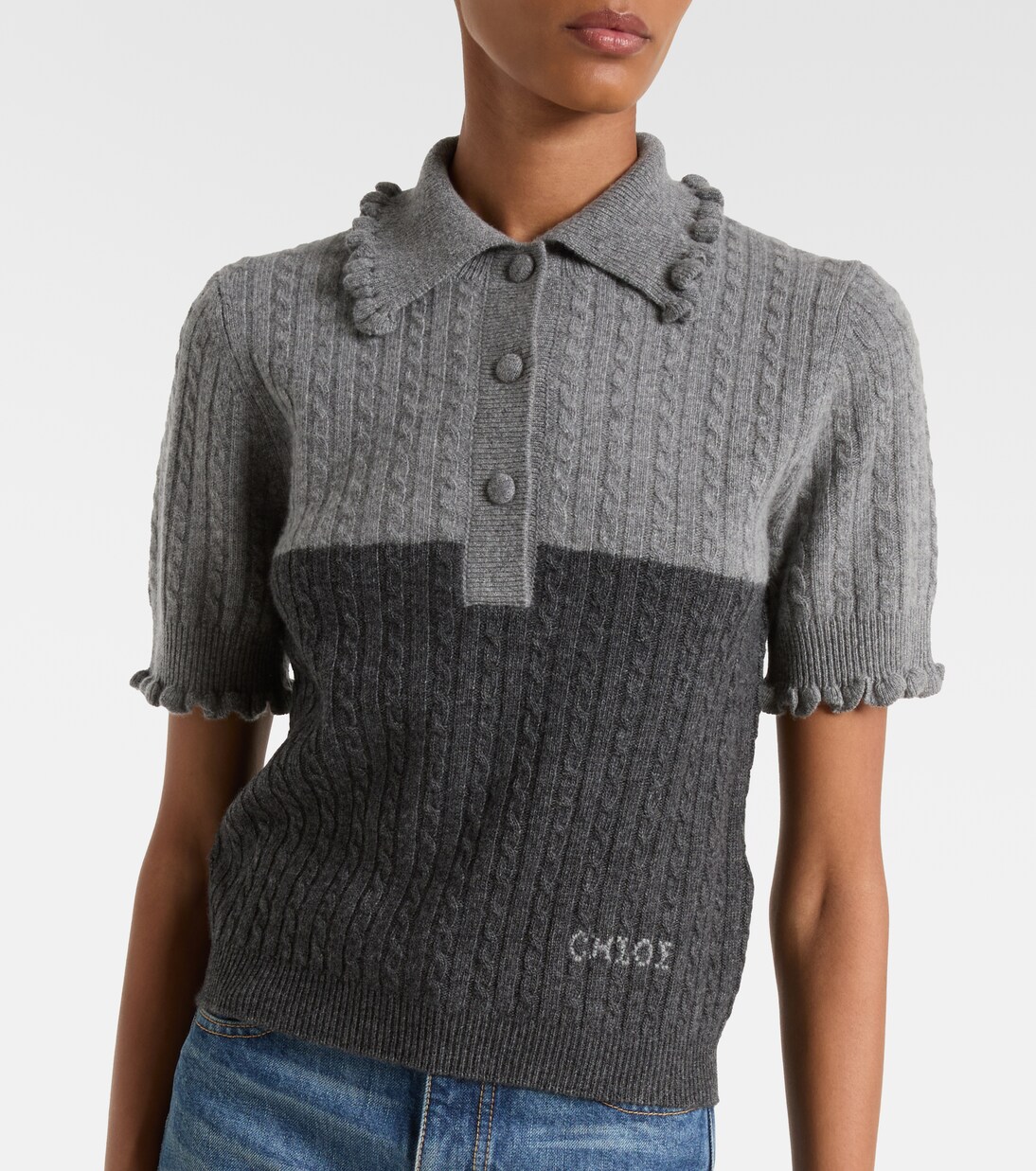 Cable-knit ruffled wool and cashmere polo shirt | Chloé