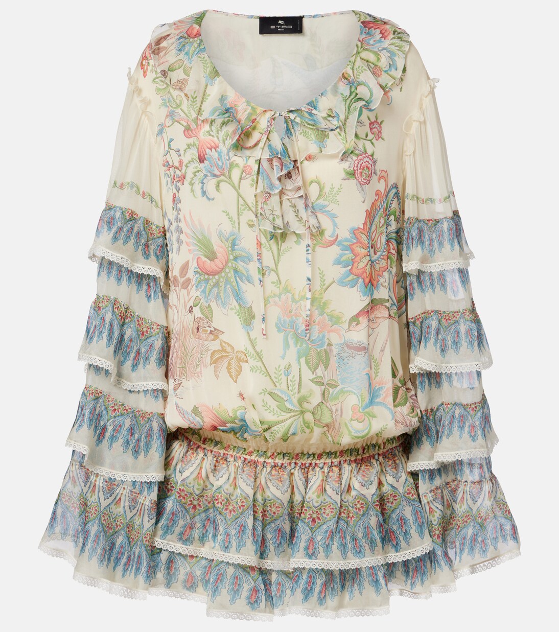 Printed ruffled lace-trimmed silk minidress | Etro