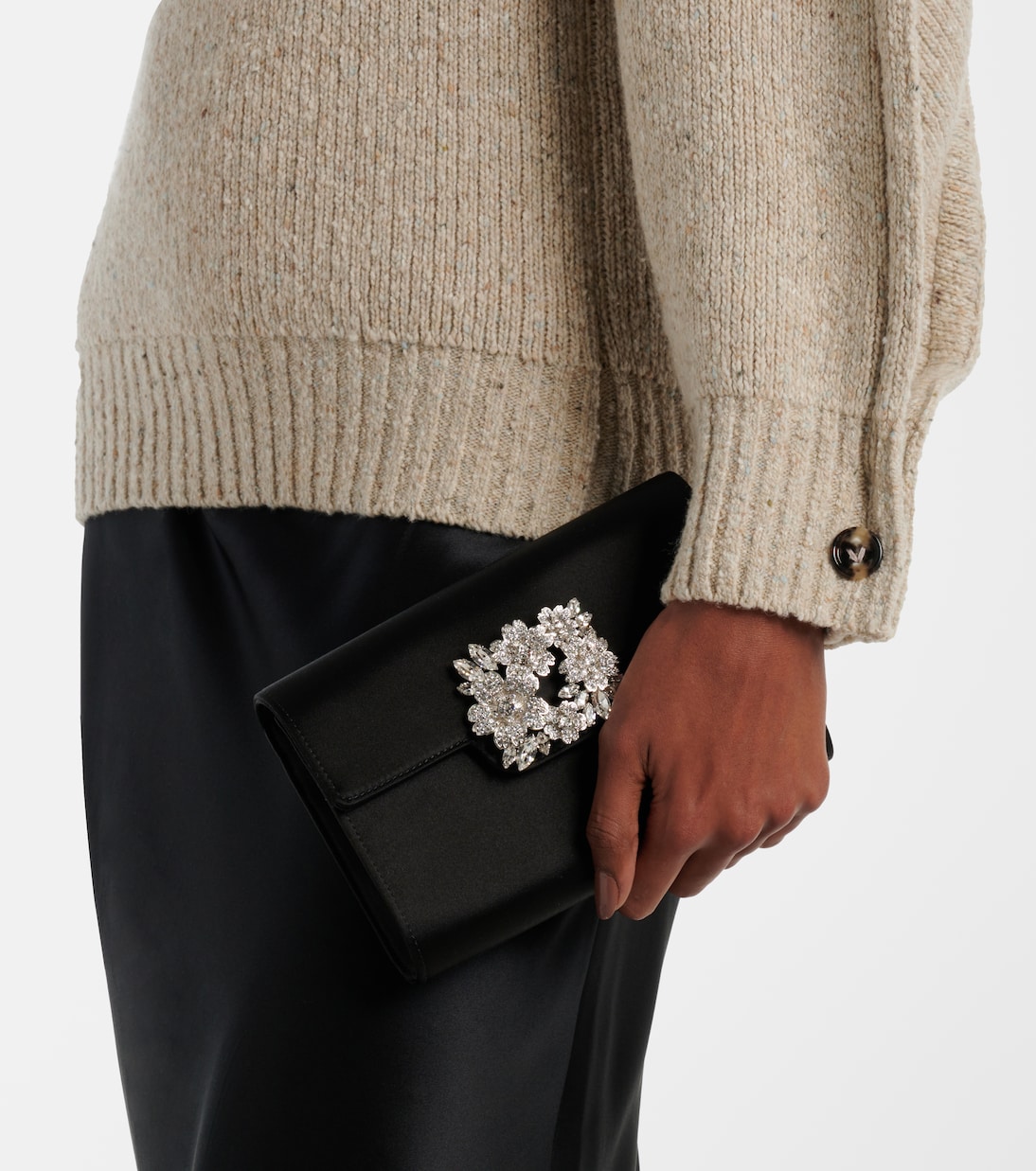 RV Bouquet embellished satin clutch in black Roger Vivier Mytheresa