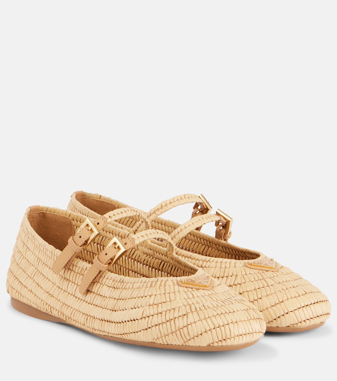 Logo raffia-effect Mary Jane flats | Prada