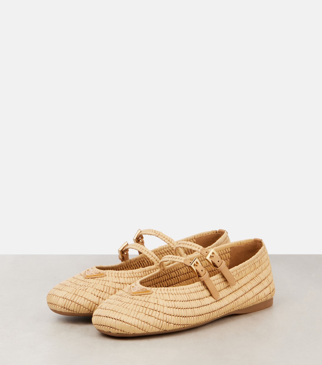 Logo raffia-effect Mary Jane flats | Prada
