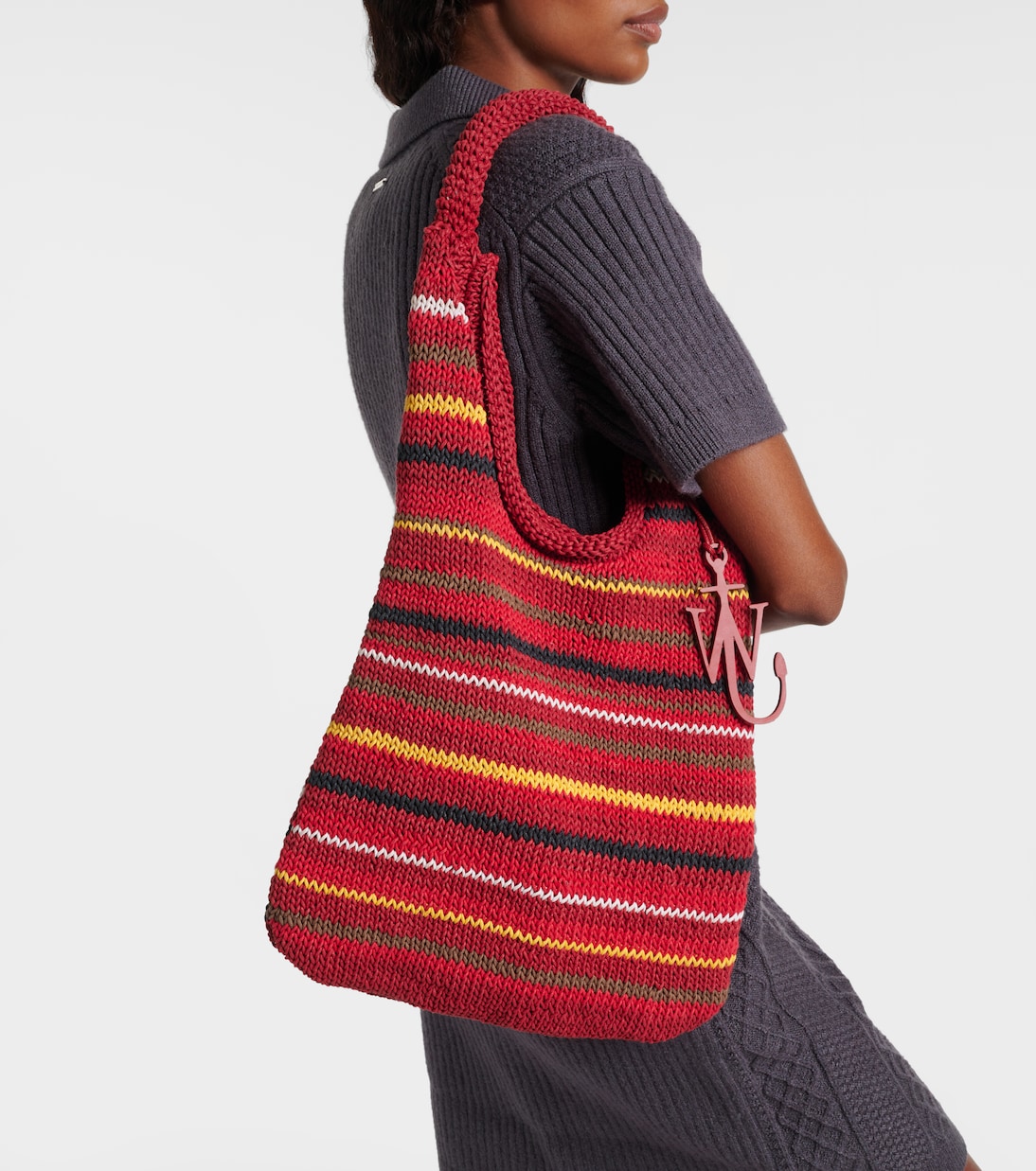 Striped leather-trimmed cotton tote bag | JW Anderson
