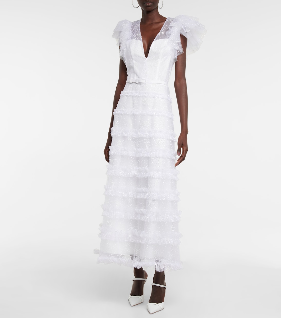 Myra ruffled glitter tulle gown | Costarellos