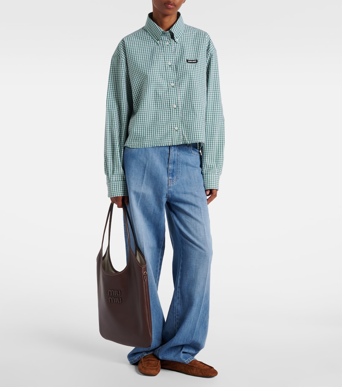 Chemise raccourcie en coton à carreaux | Miu Miu