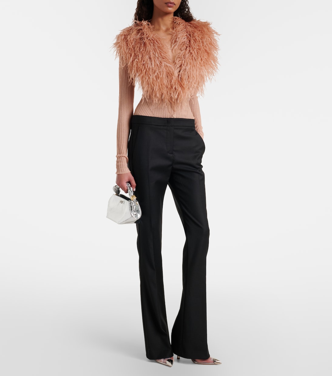 Cardigan en maille côtelée à plumes | Blumarine