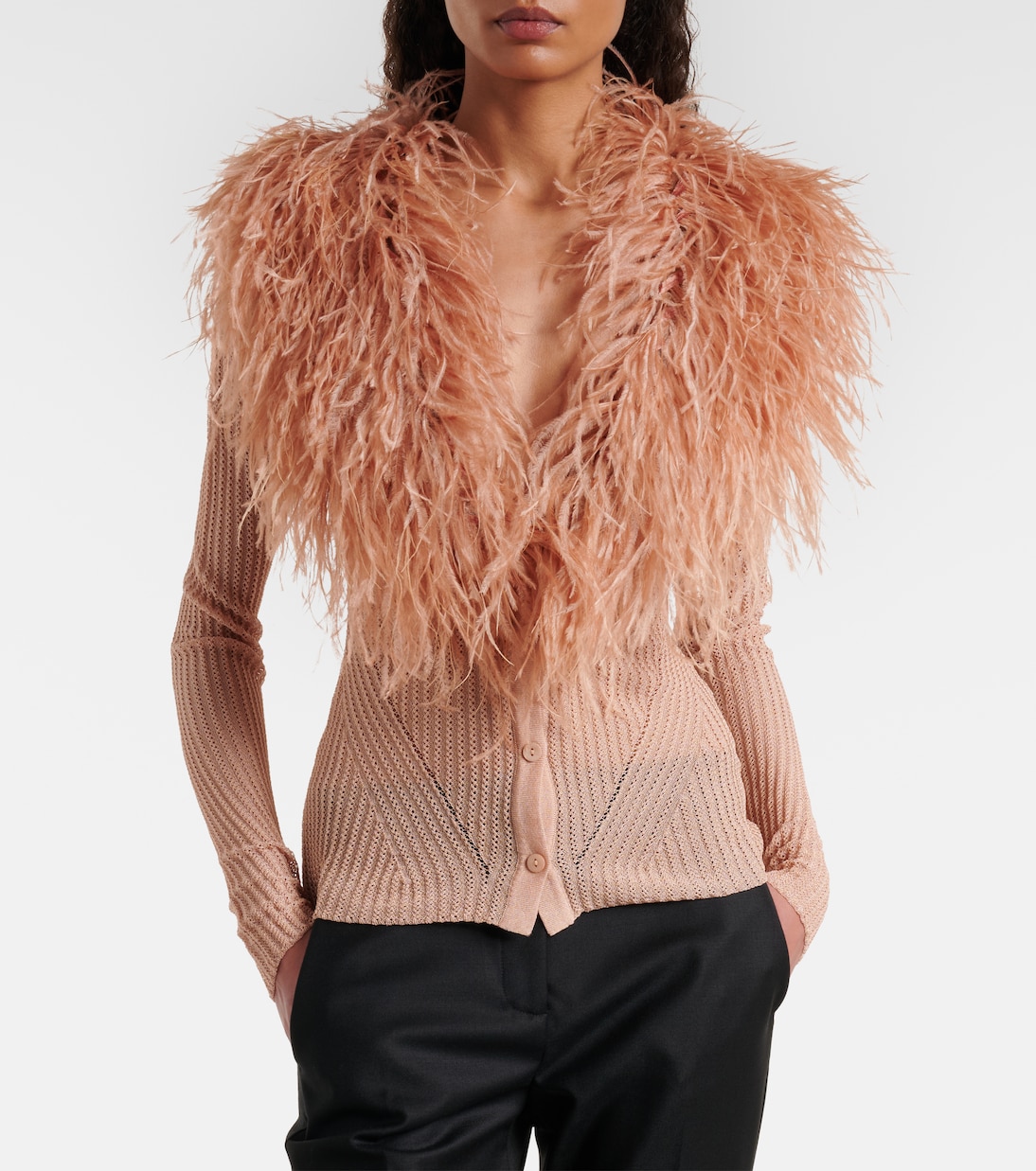 Cardigan en maille côtelée à plumes | Blumarine