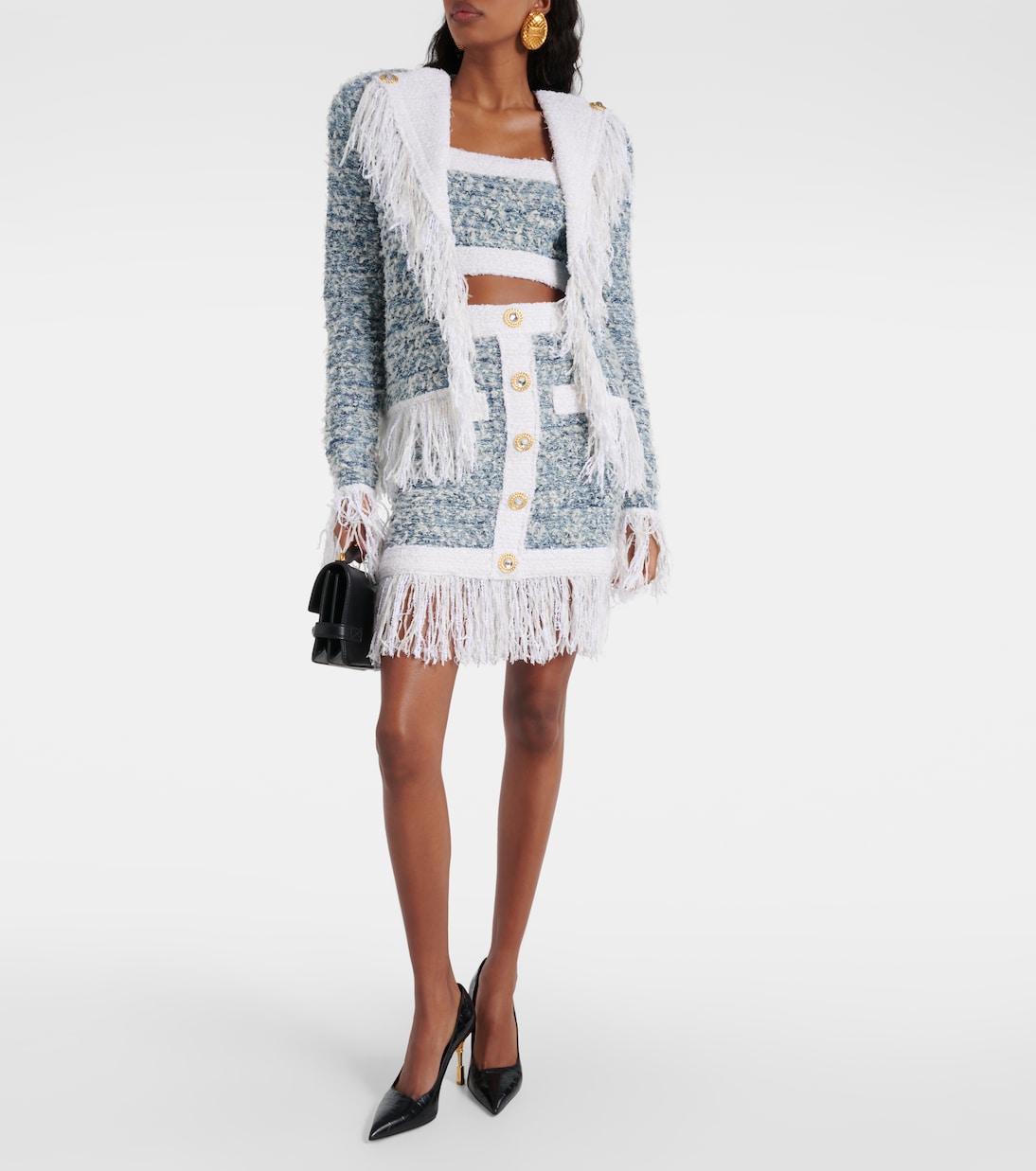 Chaqueta de tweed de denim con flecos | Balmain