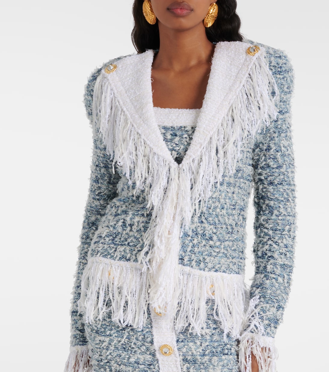 Chaqueta de tweed de denim con flecos | Balmain