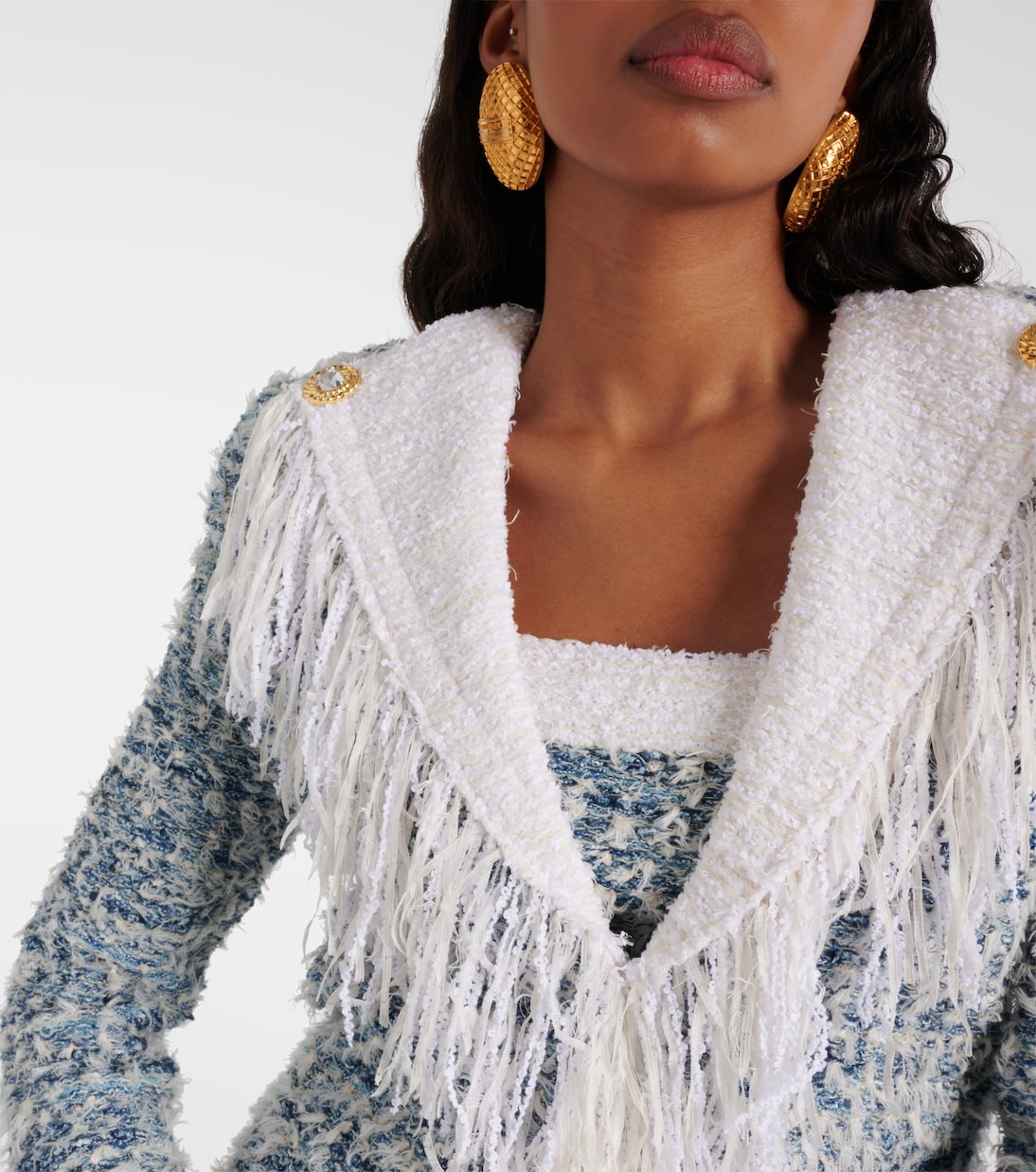 Chaqueta de tweed de denim con flecos | Balmain