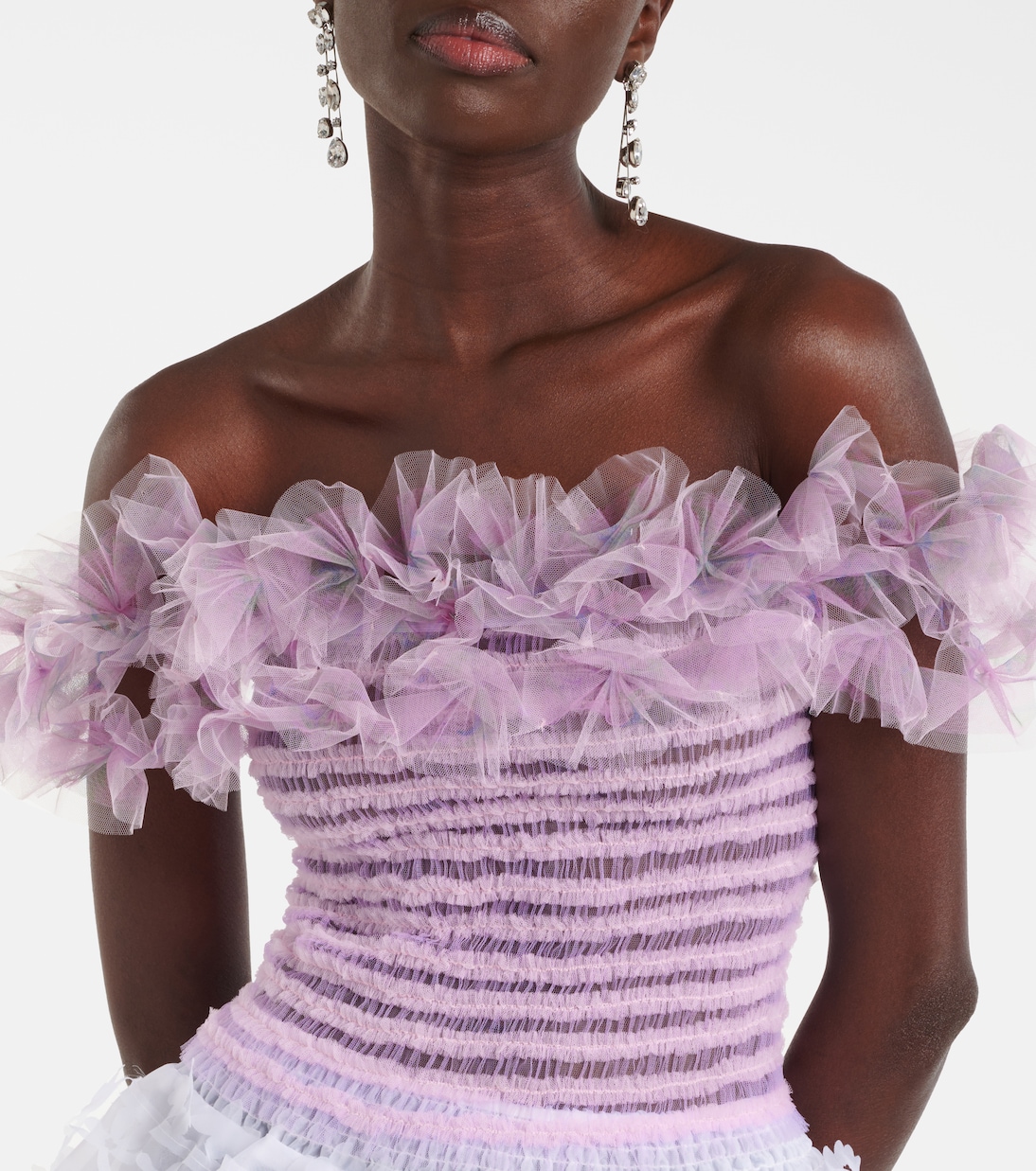 Shirred off-shoulder tulle top | Susan Fang
