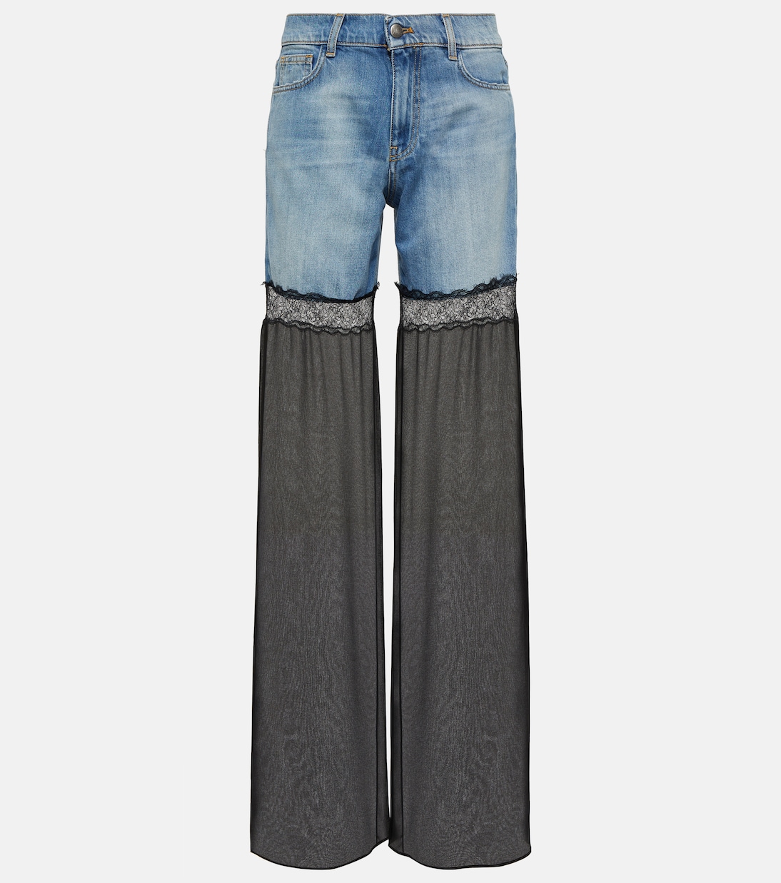 【YOURNUS】Photo Lace Wide Denim Lace-trimmed mid-rise wide-leg jeans in multicoloured