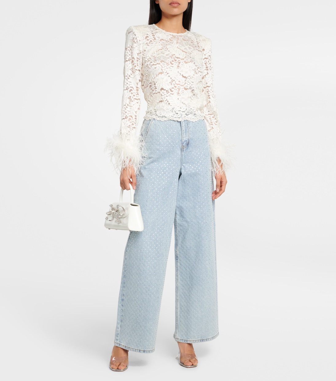 Feather-trimmed lace top | Self-Portrait