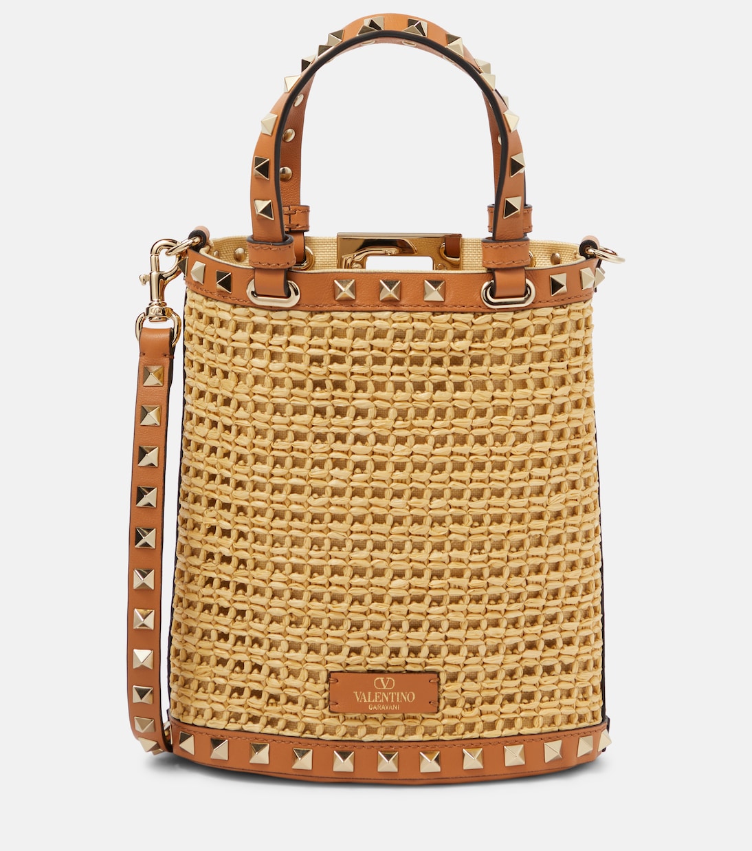 Rockstud Mini raffia-effect bucket bag  | Valentino Garavani