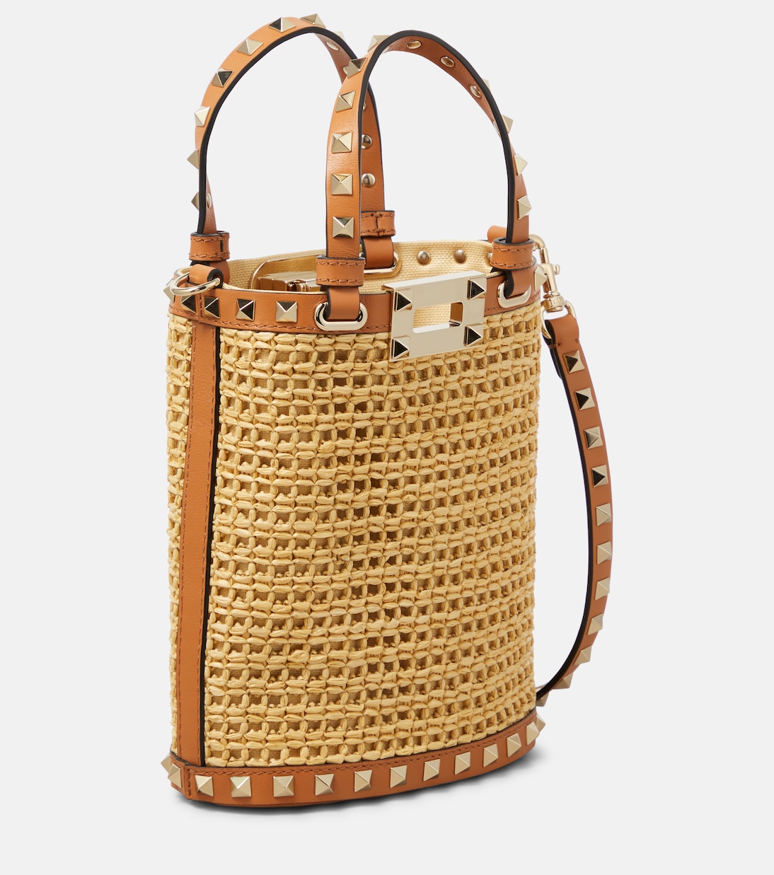 Rockstud Mini raffia-effect bucket bag  | Valentino Garavani