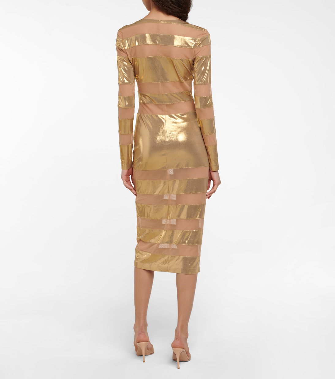 Spliced mesh-paneled lamé midi dress | Norma Kamali