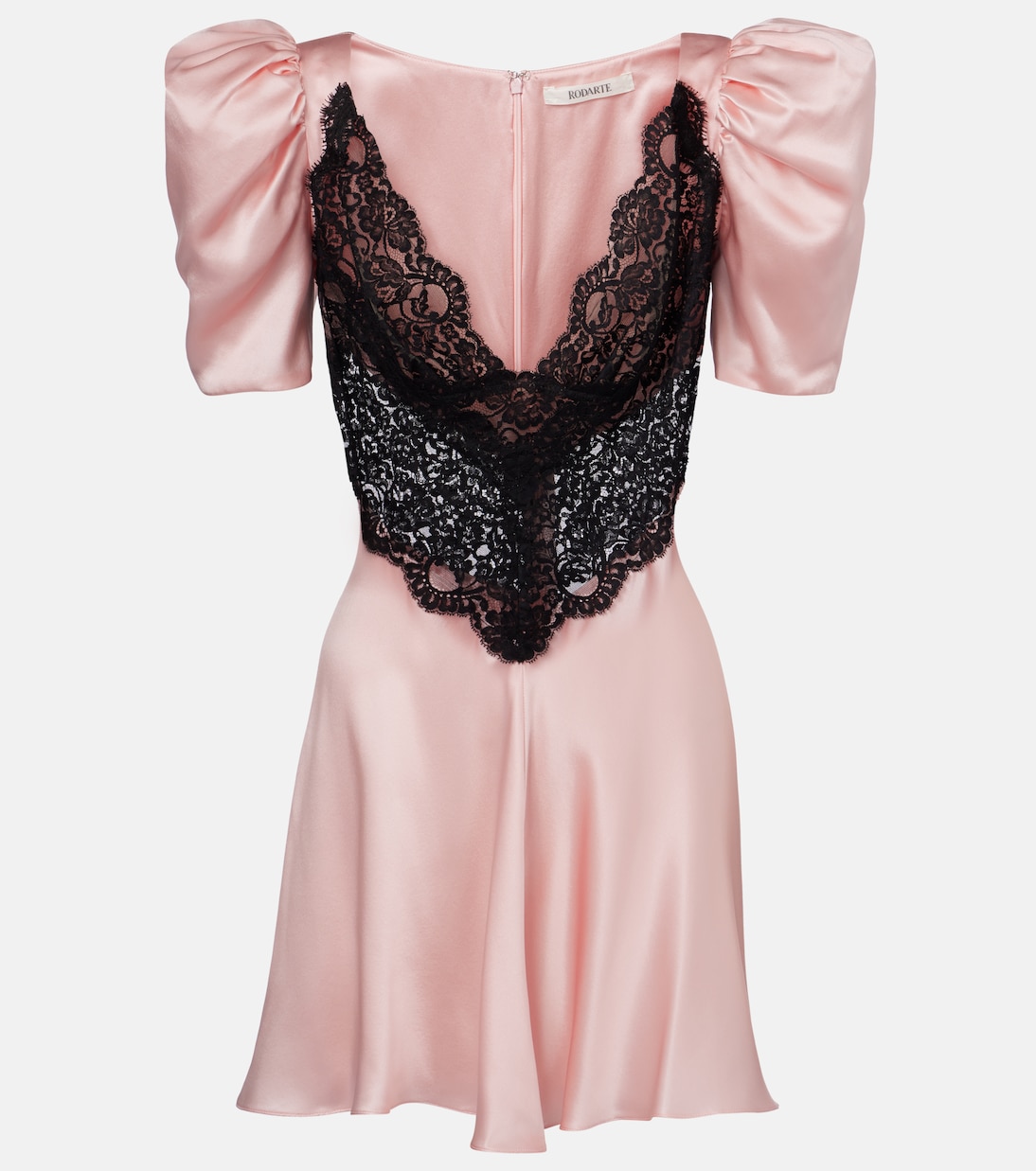 Vestido corto de charmeuse de seda con encaje | Rodarte