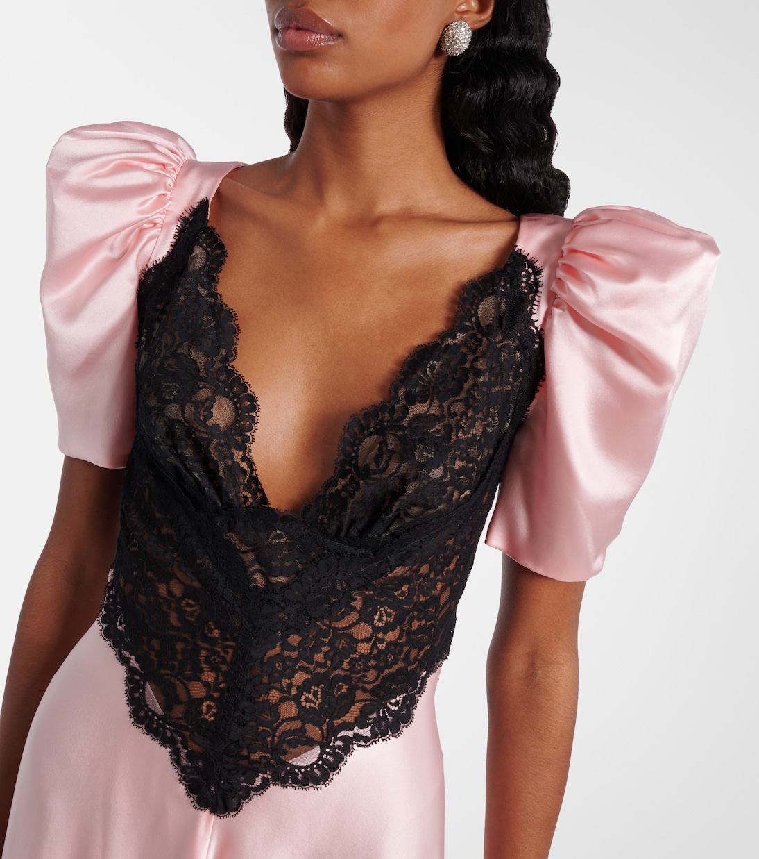 Vestido corto de charmeuse de seda con encaje | Rodarte
